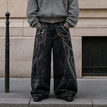 Graphic Denim Pants Manufacturer | Chain Print Baggy Jeans OEM Factory | GROOVECOLOR