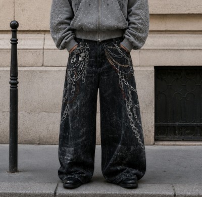 Graphic Denim Pants Manufacturer | Chain Print Baggy Jeans OEM Factory | GROOVECOLOR
