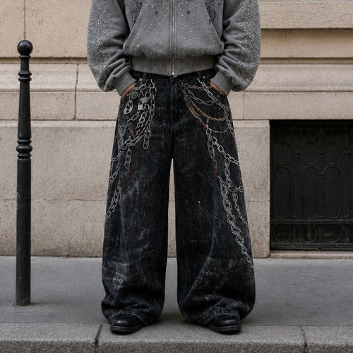 Graphic Denim Pants Manufacturer | Chain Print Baggy Jeans OEM Factory | GROOVECOLOR