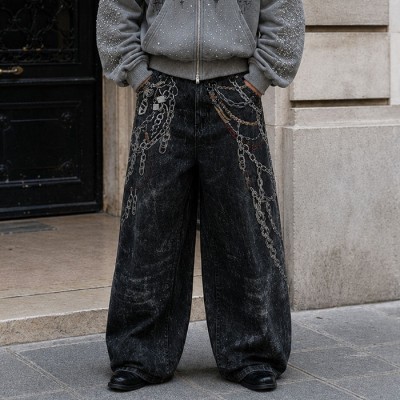 Graphic Denim Pants Manufacturer | Chain Print Baggy Jeans OEM Factory | GROOVECOLOR