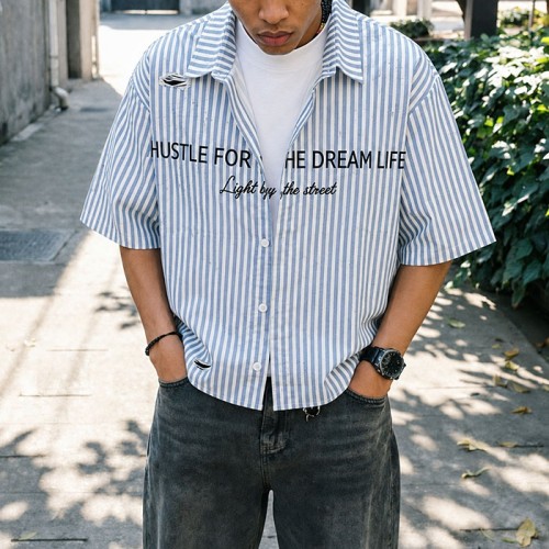 Distressed Streetwear Shirt Manufacturer | Custom Striped Oversized Shirt OEM Factory