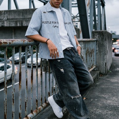 Distressed Streetwear Shirt Manufacturer | Custom Striped Oversized Shirt OEM Factory