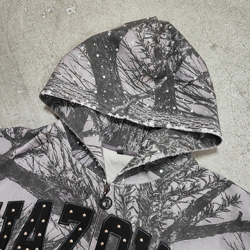 Side profile custom tree camo cropped hoodie wide‑leg pants set streetwear fit presentation