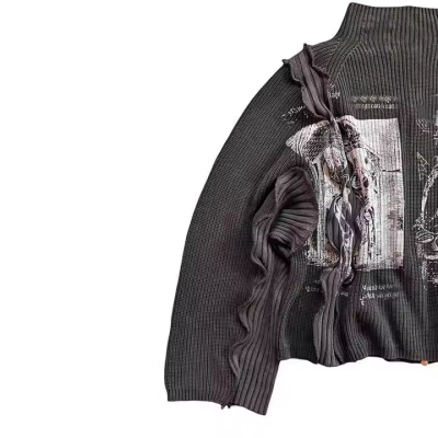 Custom Graphic Sweater Supplier | Wholesale Streetwear Cozy Metallic Chain Cardigan knitwear | Customize Vintage Printing Long-sleeve Sweater Factory