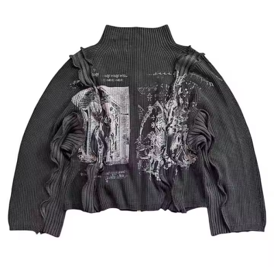 Custom Graphic Sweater Supplier | Wholesale Streetwear Cozy Metallic Chain Cardigan knitwear | Customize Vintage Printing Long-sleeve Sweater Factory