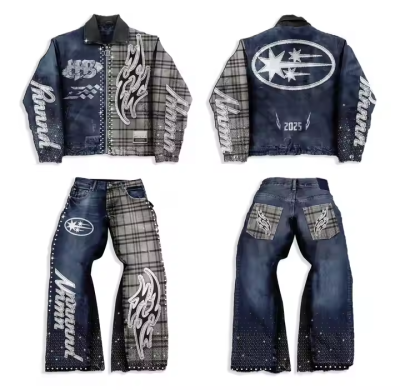 Custom Boxy Streetwear Denim Suits Manufacturers | Oversided Retro ​Faded Wash Jacket Pants Sets  | Long Sleeved Streetwear Suits Supplier