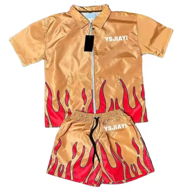 Wholesale Men's Shirt & Short Sets Manufacturer | Custom Flame Short Sleeve Streetwear Suits Supplier | Oversized Print Noylon Set Designs Factory