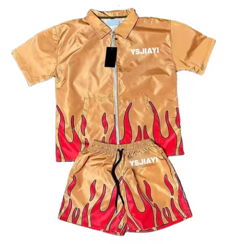 Wholesale Men's Shirt & Short Sets Manufacturer | Custom Flame Short Sleeve Streetwear Suits Supplier | Oversized Print Noylon Set Designs Factory