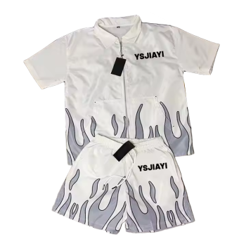 Wholesale Men's Shirt & Short Sets Manufacturer | Custom Flame Short Sleeve Streetwear Suits Supplier | Oversized Print Noylon Set Designs Factory