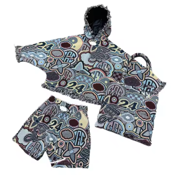 Streetwear Graphic Print short-sleeve Set Suppliers | Hoodie & Short Tracksuits Factory | Oversided Print Raw Hem Tassel Suits OEM Manufacturers