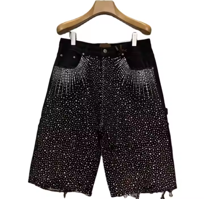 Rhinestone Acid-Wash Finish Denim Shorts Manufacturer | Custom Men's Cotton Destroyed Hem Short Suppliers | Blank Vintage Streetwear Bottoms Factory