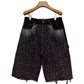 Rhinestone Acid-Wash Finish Denim Shorts Manufacturer | Custom Men's Cotton Destroyed Hem Short Suppliers | Blank Vintage Streetwear Bottoms Factory