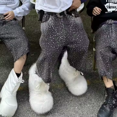 Rhinestone Acid-Wash Finish Denim Shorts Manufacturer | Custom Men's Cotton Destroyed Hem Short Suppliers | Blank Vintage Streetwear Bottoms Factory