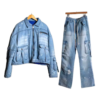 Oversided Streetwear Tracksuits Factory | Custom Vintage Denim Jacket Pants Set For Men | Acid Wash Long-sleeved Tracksuit Supplier-GROOVECOLOR