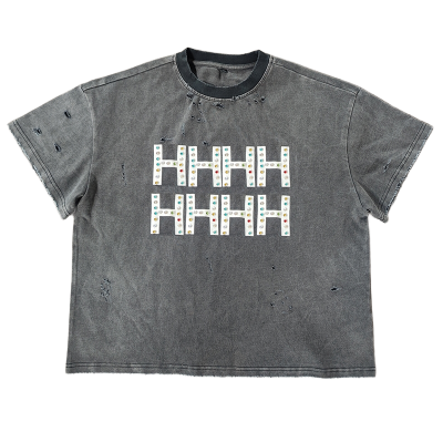 Chinese Rhinestone T shirts Manufacturer | Men's Wholesale Short-sleeved Retro Acid Washed T-shirts | Custom Washed Edge Wear Tee