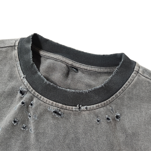 Chinese Rhinestone T shirts Manufacturer | Men's Wholesale Short-sleeved Retro Acid Washed T-shirts | Custom Washed Edge Wear Tee