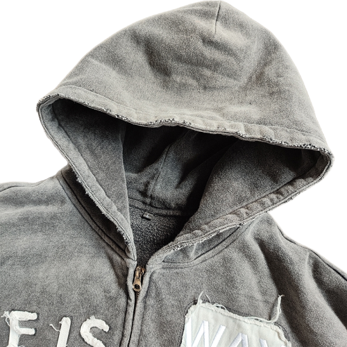 Custom Heavyweight Hoodies Manufacturer | Oversided Retro Embroidery Patch Zip-Up Hoodie Supplier | Wholesale Men's Raw Hem Hoodies