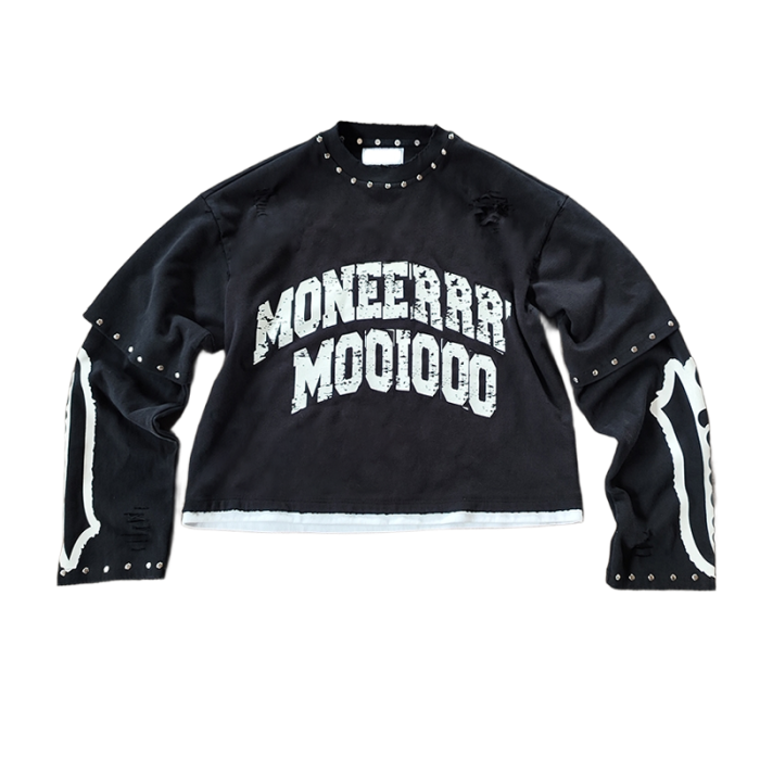 Oversized Streetwear Manufacturer | Custom Vintage Heavy Weight Distress Long Sleeve Sweatshirt | French Terry Men O-Neck Cropped Raw Hem Sweatshirts