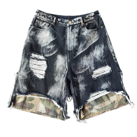 Plus Size Jean Shorts Manufacturer | Custom Vintage Acid Wash Distressed Camouflage Denim Short