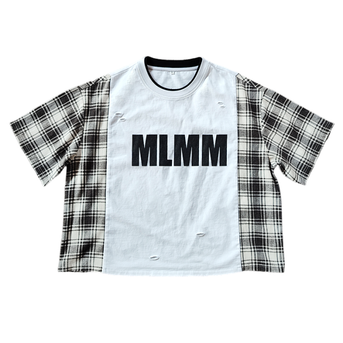 Streetwear Oversized T-Shirts Manufacturer | Premium Boxy Vintage Plaid Heavyweight T Shirt | Distressed Patchwork Short Sleeve Cotton T-shirt Factory