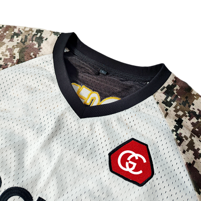 Custom Streetwear Manufacturer | Best Quality Embroidered Camo Sleeve T Shirts Vendor | Oversized Mesh Graphic Varsity-style Tee Supplier