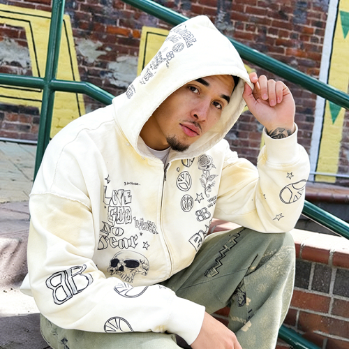 Custom Hoodie Manufacturers | Varsity Letter Graffiti Pullover with Tattoo Fonts | Zip Up Hoodie Factory