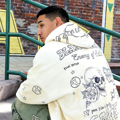 Custom Hoodie Manufacturers | Varsity Letter Graffiti Pullover with Tattoo Fonts | Zip Up Hoodie Factory