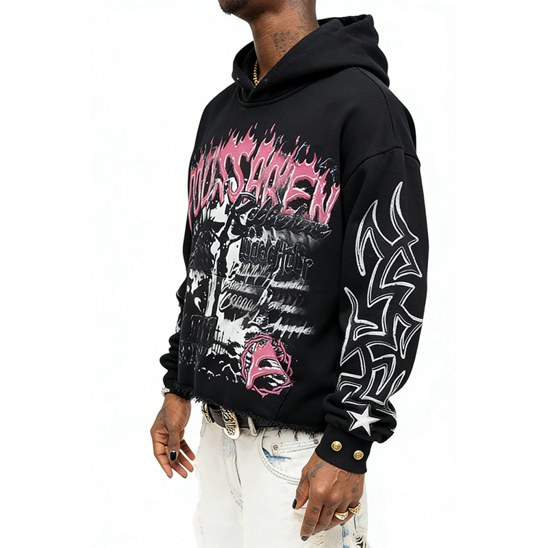 An overview of a modern, clean streetwear manufacturing facility, emphasizing quality control in the production line for bulk hoodies.