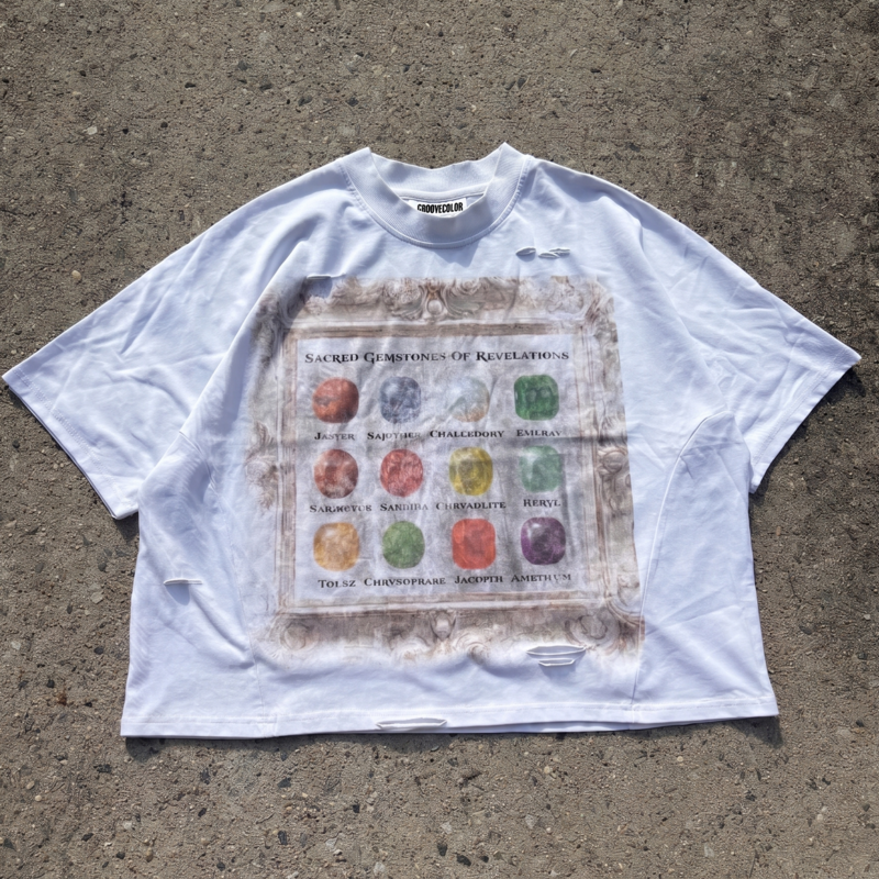 Full front view of a custom white streetwear t-shirt with a large DTG print and unique side panel construction, manufactured by a premium OEM Manufacturer 