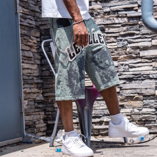 Custom Denim Shorts Manufacturer | Premium Streetwear Rhinestone Shorts with Applique & Chain Detailing | Groovecolor