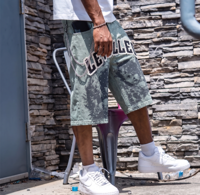 Custom Denim Shorts Manufacturer | Premium Streetwear Rhinestone Shorts with Applique & Chain Detailing | Groovecolor