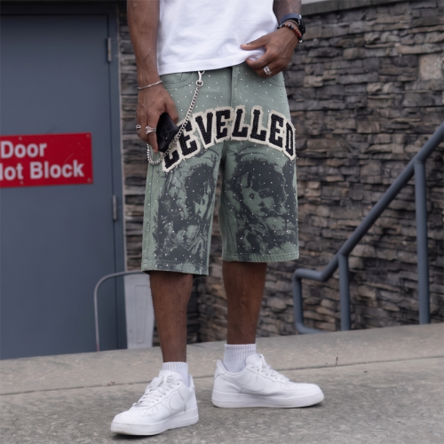 Custom Denim Shorts Manufacturer | Premium Streetwear Rhinestone Shorts with Applique & Chain Detailing | Groovecolor
