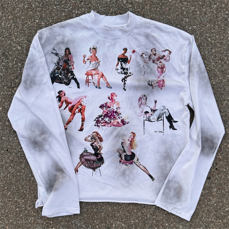White long sleeve streetwear t-shirt featuring 8 front DTG printed graphics by Groovecolor.