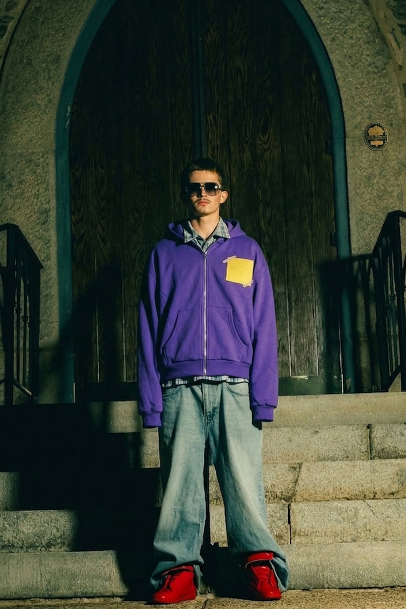 Back panel of purple streetwear hoodie showcasing large applique embroidery technique by Groovecolor.