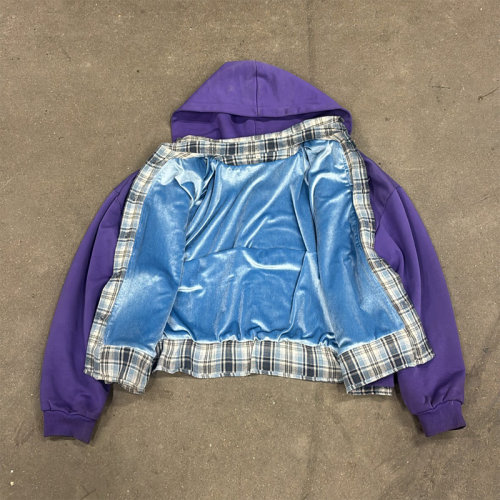 Custom Men's Patchwork Zip Up Hoodie Manufacturer | Layered Plaid & Satin Lined Streetwear Hoodies with Applique | Groovecolor