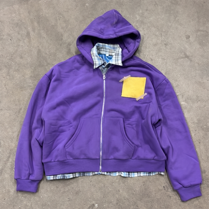 Purple heavyweight zip up hoodie featuring layered plaid shirt construction by Groovecolor.