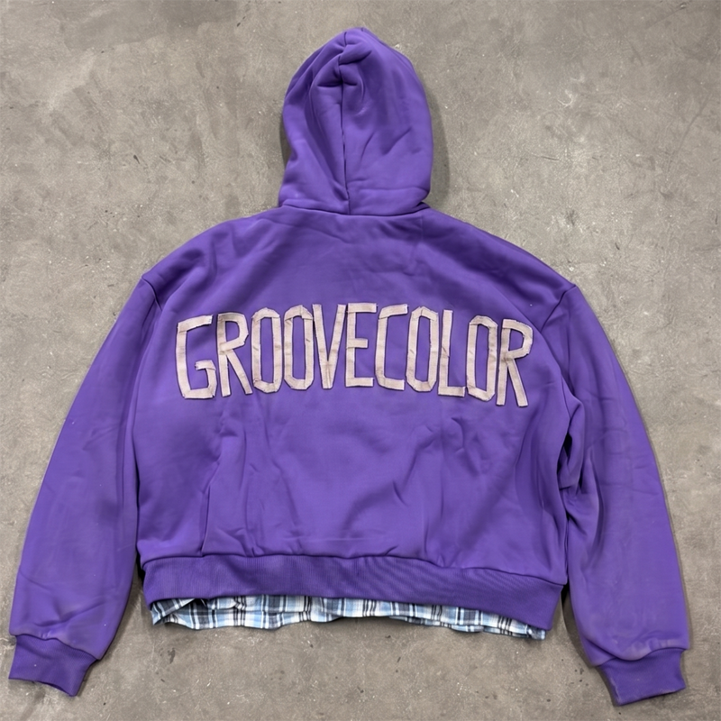 Open zip hoodie revealing warm satin interior lining over plaid flannel by Groovecolor.