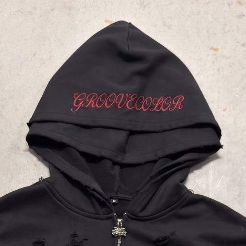 Custom Distressed Hoodie Manufacturer | Oversized DTG Cracked Print & Double Hood Streetwear Hoodies With Embroidery | Groovecolor
