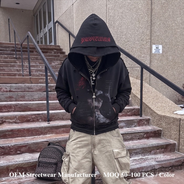 Custom Distressed Hoodie Manufacturer | Oversized DTG Cracked Print & Double Hood Streetwear Hoodies With Embroidery | Groovecolor