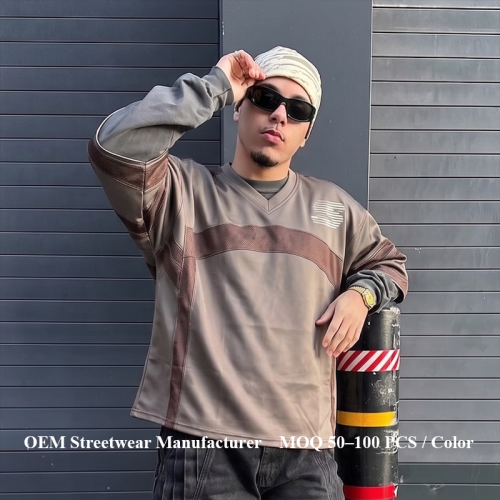 Custom Streetwear Jersey Tee Manufacturer | Mesh Panel Splicing & Applique Embroidery T-Shirt Factory | Groovecolor