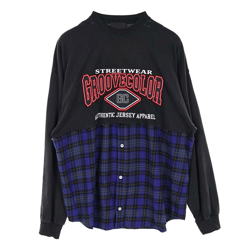Custom men oversized patchwork plaid hybrid long‑sleeve shirt OEM, jersey‑flannel raw‑edge spliced streetwear top sample front view