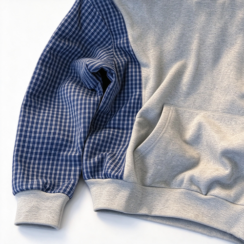 Custom Contrast Plaid‑Sleeve Hoodie OEM | Oversized Gingham Spliced Streetwear Hoodie Manufacturer