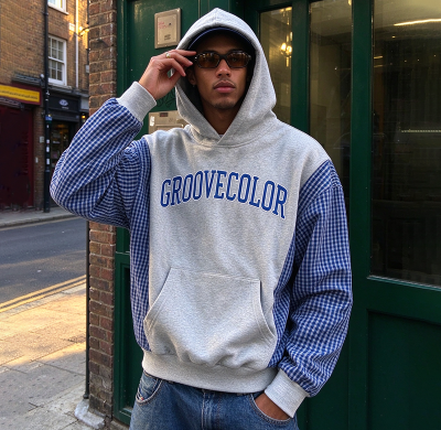 Custom Contrast Plaid‑Sleeve Hoodie OEM | Oversized Gingham Spliced Streetwear Hoodie Manufacturer