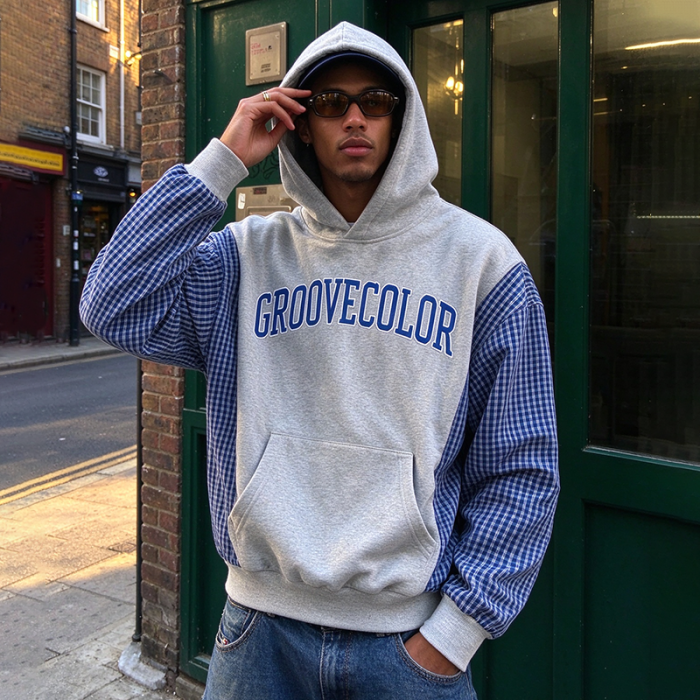Custom Contrast Plaid‑Sleeve Hoodie OEM | Oversized Gingham Spliced Streetwear Hoodie Manufacturer