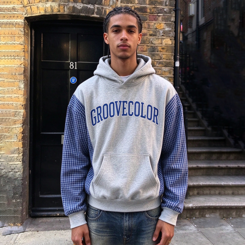 Custom Contrast Plaid‑Sleeve Hoodie OEM | Oversized Gingham Spliced Streetwear Hoodie Manufacturer
