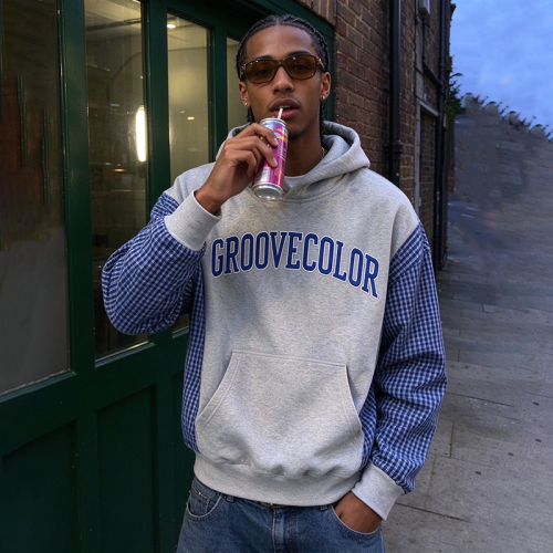 Custom Contrast Plaid‑Sleeve Hoodie OEM | Oversized Gingham Spliced Streetwear Hoodie Manufacturer