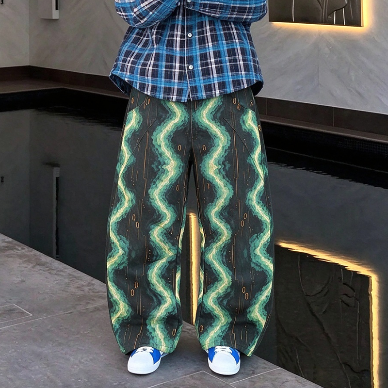 Green wave abstract all over print baggy jeans back view streetwear denim OEM sample