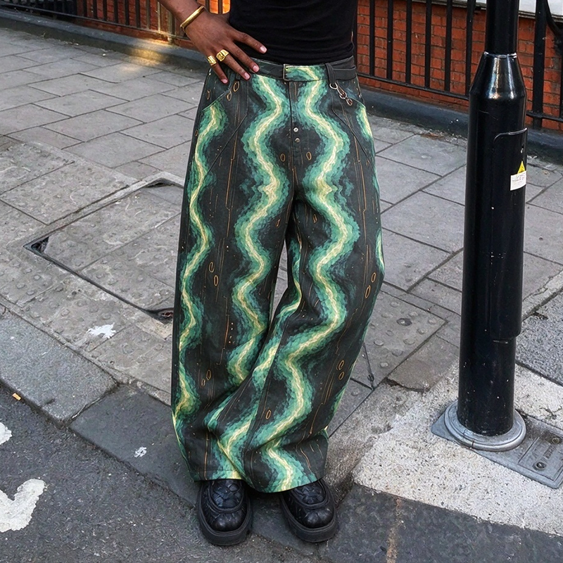 Close‑up of green wave sublimation all over print detail on streetwear baggy denim jeans