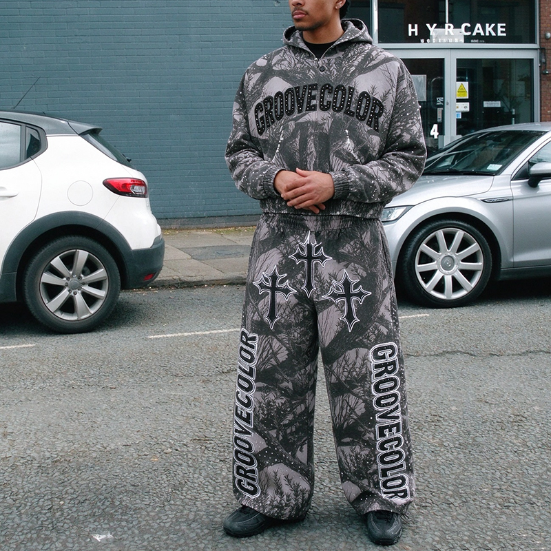 Custom streetwear tree camo print cropped hoodie wide‑leg pants set OEM sample front full view