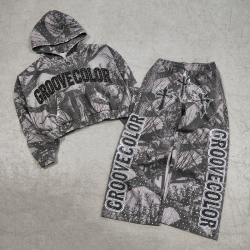 Custom Streetwear Tree Camo Print Cropped Hoodie Wide Leg Pants Set Manufacturer